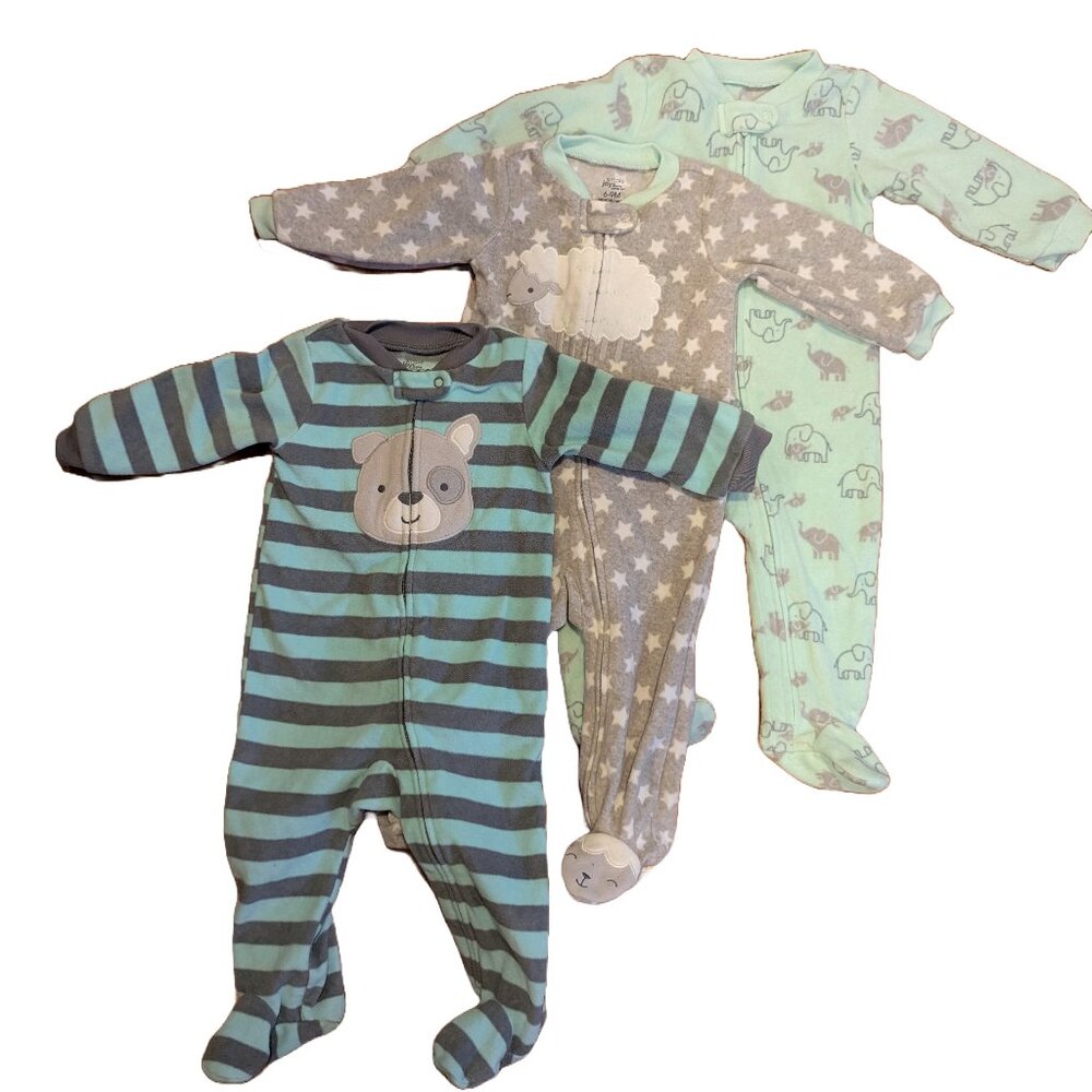 Carters set of 3 fleece one piece pajamas, 6-9 Months.